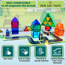 Zen Kai Toys Double-Sided Magnetic Tile Toppers – 45-Pcs Set Magnetic Tile Road Toppers – Road and Train Track Toppers for Magnet Building Blocks – Playset Accessories for Boys and Girls Age 3-12