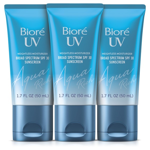 Bioré UV Aqua Rich SPF 30 Moisturizing Sunscreen for Face, Oxybenzone & Octinoxate Free, Dermatologist Tested, Vegan, Cruelty Free, For Sensitive Skin, 1.7 Oz, Pack of 3