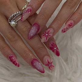 Summer Press on Nails Short Almond Fake Nails Pink False Nails with 3D Starfish Droplets Designs Hawaiian Beach Series Glue on Nails Reusable Nails for Women DIY False Nails Kit 24 Pcs
