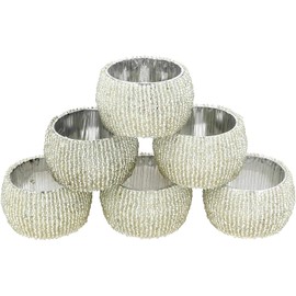 YourKart Handmade Indian Beaded Napkin Rings for Christmas, Thanksgiving, Holiday Party, Dinner Party - Napkin Holder Set of 6 (Silver)