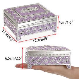IGNPION Metal Jewelry Box Rose Engraved Trinket Holder Earrings Rings Trinket Storage box Jewelry Keepsake Ornate Display Case for Birthday, Wedding, Mothers Days Gifts, Silver+Purple