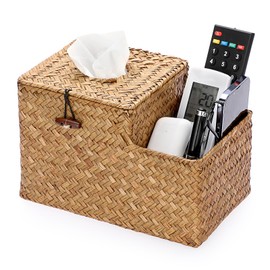 IGNPION Woven Square Tissue Holder Seagrass Facial Tissue Box Cover Decorative Household Cube Tissue Organizer Box with Remote Control Storage Holder for House Office Car Hotel, Caramels