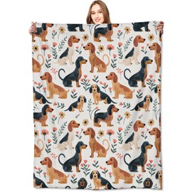 VODRM Dachshund Pup Blanket Cute Weiner Dog Floral Flower Throw Blankets,Birthday Gifts for Kids & Pet Lovers,Lightweight Soft Fleece for Sofa Couch Bed Room Travel Farmhouse Decor 50x60in