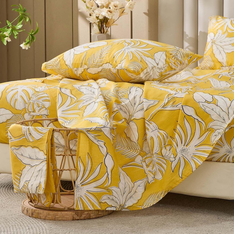 Gogreen 100% Cotton Sheet Set Full Size, Yellow Floral, 4PC