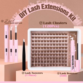Brown Lash Clusters Kit Dark Brown Eyelash Clusters Gently Fluffy Individual Lashes Kit Natural DIY Lash Extensions Kit Brown Cluster Eyelash Extensions Kit with Lash Bond and Seal, Remover, Tweezers