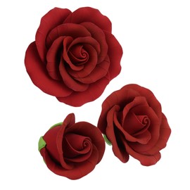 O'Creme Deep Red Rose Gumpaste Flower, 3 Different Sizes