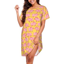 YSBKN Cute Cartoon Pink Pigs Yellow Nightgowns For Women Soft Cotton Sleepshirt Short Sleeve Lounge Dress Casual Ladies Sleepwear Medium