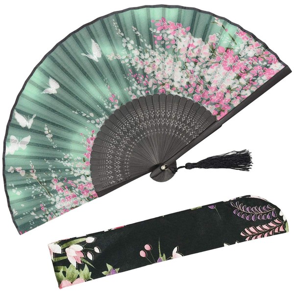 With a Fabric SleeveOMyTea „Sakura“ japanischer bzw. Chinesischer Handfächer mit Seide und Bambusrahmen und einer Stoffhülle zum Schutz des Fächer selbst, Textil, WZS-2