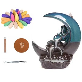 Textiluxe Moon Backflow Incense Burner, Waterfall Incense Burner, with 100 Incense Cones + 30 Incense Sticks, Incense Cone Holder, Home Decoration, Gifts (Navy Blue)