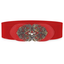 WHIPPY Women Stretch Wide Belts Vintage Elastic Waist Belt for Dress Coat with Metal Buckle,Red,65cm