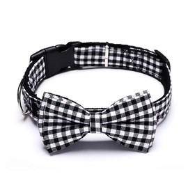 Love Dream Bow Tie Dog Collar, Soft and Comfortable Quick Release Plaid Dog Collar with Detachable Bowtie for Small Medium Large Dogs (Black-White Plaid, Small(11.4"-15.4"))