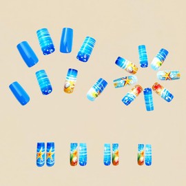 Blue Ocean Press on Nails Medium Coffin Square Fake Nails with Starfish Shell Designs Summer Beach Blue Gradient False Nails Full Cover Glossy Fantasy Acrylic Nails Stick on Nails for Women 24pcs
