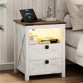 FREDEES Farmhouse Nightstand with Charging Station & Power Outlets, Smart LED Night Stand with Human Sensor 3 Color Lights&Drawers, Farmhouse End Side Table for Bedroom/Living Room, Antique White