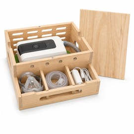 Wooden CPAP Organizer for Nightstand, Compatible with ResMed AirSense 10 & 11, Bedside Storage Box with Magnetic Lid, Silicone Mat, 3 Compartments & Hose Routing