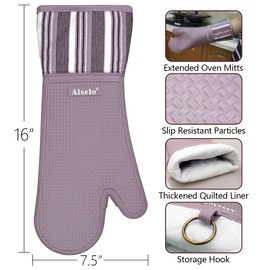 Alselo Silicone Oven Mitts Heat Resistant 550 Degree Extra Long Kitchen Gloves Pot Holders with Waterproof and Non-Silp for Baking Cooking Barbecue Microwave Machine Washable (Extra Long Purple, 2)