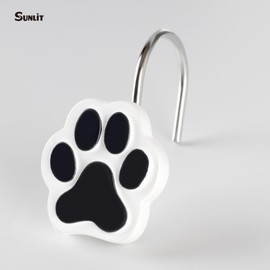 Sunlit Cute Paw Print Decorative Shower Curtain Hooks for Dog Cat Bear, Resin, Lovely Shower Curtain Rings for Kids, Bathroom Decoration Curtain, 12 Pack, Black and White