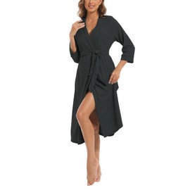 Women Kimono Robes Long Knit Bathrobe Lightweight Soft Knit Sleepwear V-neck Casual Ladies Loungewear Black XXL