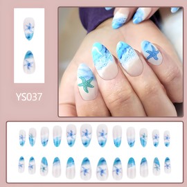 Namrec Starfish Press on Nail Medium Almond Fake Nails with Ocean Design Summer Nails Press ons Acrylic Nails Blue Full Cover False Nails Glossy Glue on Nails Stick on Nails for Women 24 Pcs