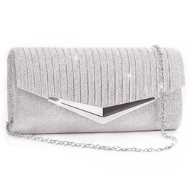 Larcenciel Clutch Purses for Women, Shiny Pleated Sequin Envelope Evening Bags w/Chain, Formal Ladies Party Prom Handbag (Silver)