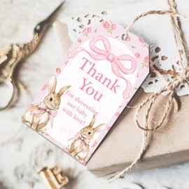 50Pcs Bunny Thank You Tags, Bunny Tag Favor Decoration Rabbit Hanging Gift Labels with String Coquette Pink Bow Rabbit Theme Party Decoration for Girls Birthday Baby Shower Wedding Party Supplies