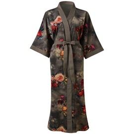 Ledamon Women's Plus Size Kimono Robe Long for Women - Pocket Floral Bathrobe Nightgown (Polyester, Gray Black)