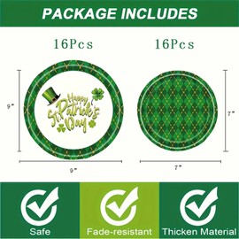 32 Pcs St. Patrick's Day Paper Plates Irish Green Plaid Shamrock Round Disposable Plates Dinnerware Lucky Clover Decorative Dessert Dinner Plate for Irish Holiday Party Decorations Supplies (7"& 9")