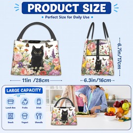 Cute Black Cats Kids Insulated Lunch Bag, Flowers Reusable Lunch Tote Bag for Women Men Adult Leakproof Portable Lunch Box Cool Bag for Work School Picnic Camping