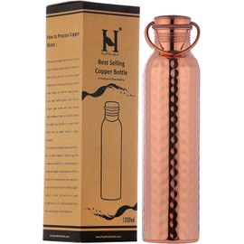 HealthGoodsAU - Pure Copper Hammered Water Bottle with Carrying Handle 1000 ML | Joint-Free Leakproof Water Bottle for Ayurvedic Benefits