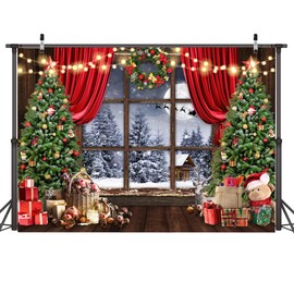 AIIKES 7x5FT Christmas Backdrop Winter Christmas Backdrop for Photography Merry Xmas Tree Window Retro Wood Backdrop Holiday Family Party Decorations Photo Studio Props 12-636