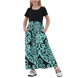 GORLYA Girl's Short Sleeve Patchwork Floral Print Loose Casual Long Maxi Dress with Pockets for 4-12 Years Kids (GOR1012, 6-7Y, Blue Print)