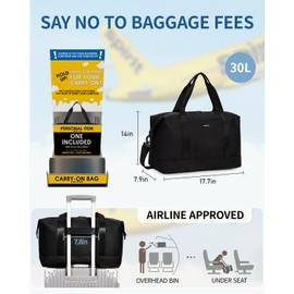 ECOHUB For Spirit Airlines Personal Item Bag 18x14x8 Underseat Carry on Bag with Removable TSA Approved Wet Bag, Travel Duffel Bags Weekender for Women, 30L (Black)