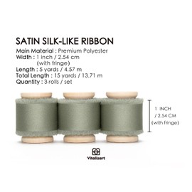 Vitalizart Cinta de satén de seda verde salvia polvorienta, 1 x 15 yardas, hecha a mano, cinta de gasa deshilachada con carrete de madera, cinta verde polvoriento, para envolver regalos, boda, novia,