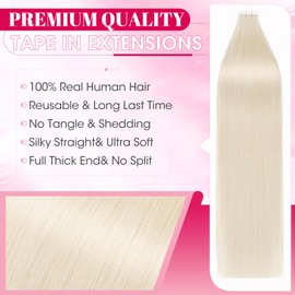 MY-LADY Seamless Invisible Tape in Hair Extensions - 20pcs Remy Real Human Hair Straight #70 Bleach White - 22 Inch 50g