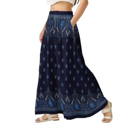 Joob Joob Wide Leg Pants for Women - High Waist Casual Women's Palazzo Pants - Flowy Elastic Waisted Trousers with Pockets Blue Drop