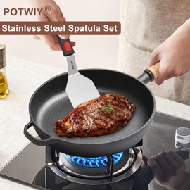 POTWIY Stainless Steel Spatula Set, Solid and Slotted Turner, Small Metal Spatulas for Cast Iron Skillet with Silicone Handle, Kitchen Utensils Spatula for Cooking and Serving Egg, Burger and Cookie