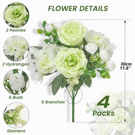 ZINHO 4 Packs Artificial Peony Flowers, 20 Heads & 16 Buds, Realistic Fake Silk Flowers for Home Decor, Wedding Bouquets DIY Crafts Includes 2 Ties & 1.8m Ribbon (Green)