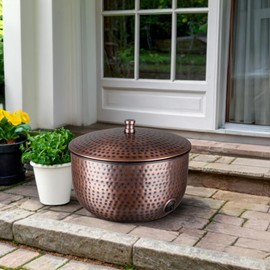 Monarch Abode Decorative Garden Hose Holder with Lid, Antique Copper Storage for Outdoor Use, 100 ft Water Hose Pot for Outside, Hand Hammered Metal Pot with Drainage, Garden Storage Organizer