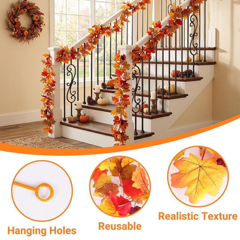 2 Pack 5.9Ft Artificial Autumn Maple Leaf Garland, Fall Leaves