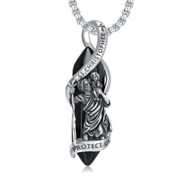 Seiyang St Christopher Necklace 925 Sterling Silver Pendant with Saint Christopher Made of Black Obsidian Healing Crystal Necklace with Saint Christopher Amulet Protection Jewellery for Men, Base