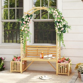 Giantex Outdoor Bench with Garden Arch & Planters, Wooden Pergola Archway, Outdoor Trellis for Climbing Plants, Patio Decorative Arbor Arch for Backyard Lawn (Arched,Natural,73"x22"x80")