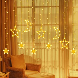 Fussion Star and Moon Ramadan Lights 11.48ft, 138 LEDs Ramadan Curtain String Lights Decorations for Home with Remote, 8 Modes, Battery Operated Fairy Lights Window Lights for Indoor Outdoor Holiday