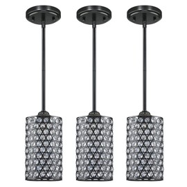 3 Pack 1 Light Hanging Kitchen Island Crystal Pendant Lighting Modern Concise Pendant Light Fixture Black Finish with Crystal Plate Metal Shade for Bar, Dining Room, Corridor,Living Room