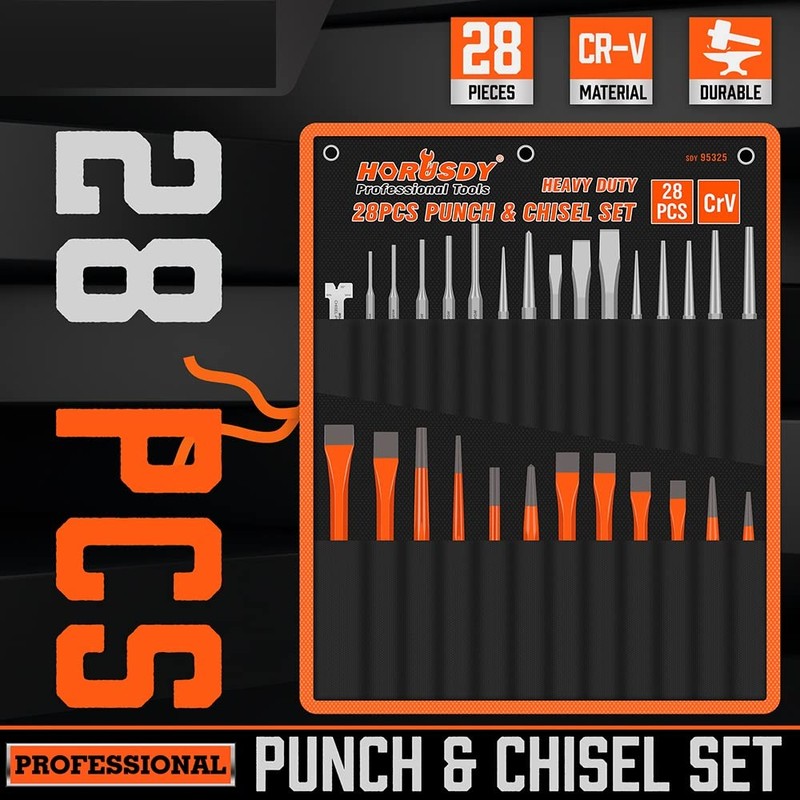 HORUSDY 28-Piece Heavy Duty Punch and Chisel Set, Including Taper,