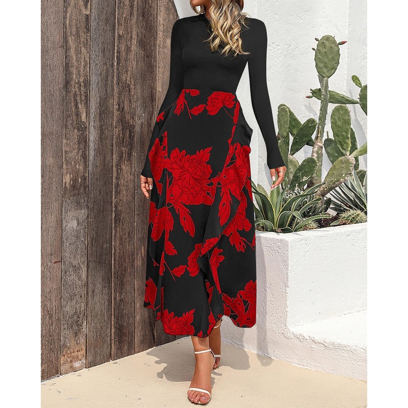 BTFBM Womens Fall Fashion 2024 Floral Maxi Dress Casual Crewneck