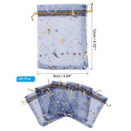 PATIKIL Moon Star Printed Organza Bags, 50 Pcs 4.72x3.5 Inch Drawstring Mini Pouches Favor Gift Candy Jewelry Bags for Christmas Thanksgiving Festival Party Wedding, Navy Blue