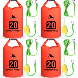 Locmeo 4 Set 2 in 1 Sand Anchor and Buoy Kit Floating Bag Kayak Anchor Waterproof Dry Bag for Lake Beach Boats Watercrafts Hiking Camping Water Sports Surfing Tubing Kayaking(Orange)