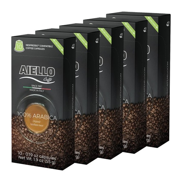 Aiello Caffe Italian Espresso Capsules Pack, 50 unidades de cápsulas de café de una taza, compatible con la máquina original Nespresso, 100% árabe orgánico, tostado medio