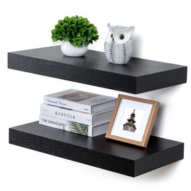 FLYJOE Deep Floating Shelves for Wall, 24W x 12D Black Floating Shelves Set of 2, 12'' Deep Large Wood Shelves for Living Room Bathroom Laundry Room Bedroom Kitchen Home Office - Black