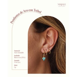 MAJALE 13mm Small Hoop Earrings with Natural Stone Clover Leaf Hypoallergenic Surgical Steel 18K Gold Plated Minimalist for Women or Girls, Stainless Steel, No Gemstone