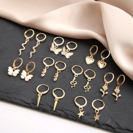 12 Pairs Gold Earrings Set for Women,Hypoallergenic Fashion Heart Butterfly Snake Pearl Link Drop Dangle Earrings Multipack Hoop Earring Jewelry (Gold9)